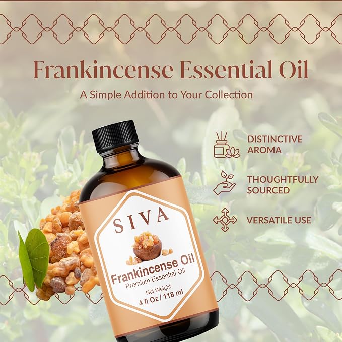 Siva Frankincense Essential Oil with Dropper, 4 Fl Oz (118 ml) | Frankincense Oil for Diffuser, Humidifier, Skin, Body, Perfume, Home Fragrance, Incense, Bath, Soap, Candle & DIY Projects