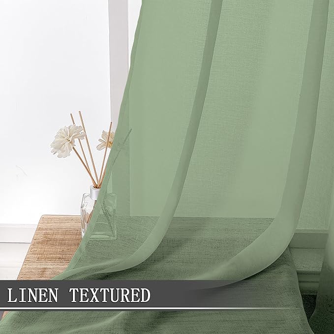 Tollpiz Sheer Curtains Bedroom Linen Textured Curtain Sheers Light Filtering Voile Rod Pocket Curtains for Living Room, 38 x 84 inches Long, Sage Green, Set of 2 Panels