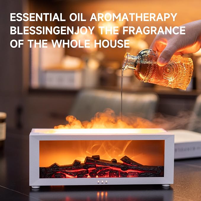 TMEHM Fireplace Flame Essential Oil Diffuser Humidifier, Aromatherapy | Ultrasonic Mist with 7 Colors and Timer for Home, Bedroom, Office, and Yoga
