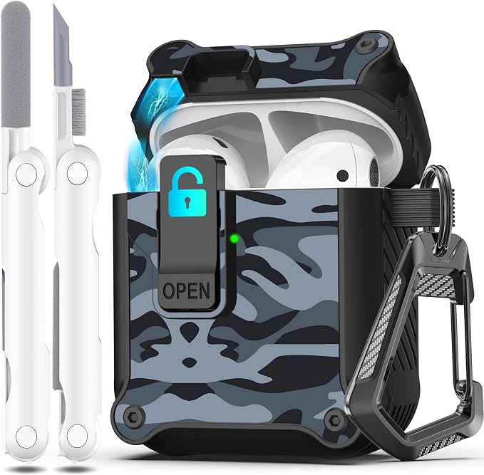 R-FUN for AirPods 2 Case Cover with Lock Magnetic Lid, Black | Compatible with Apple AirPods 2 and AirPods(2016), Case with Cleaner Kit & Keychain, Powerful Drop Protection