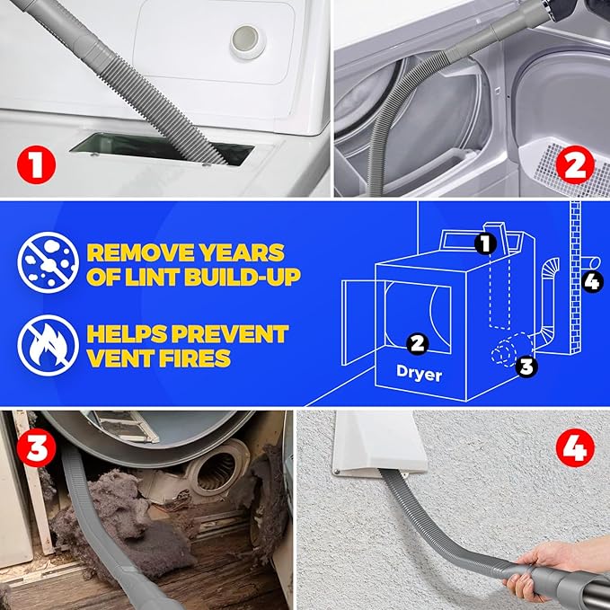 Holikme 2 Pieces Dryer Vent Cleaner Kit, Dryer Lint Vacuum Attachment and Flexible Dryer Lint Brush, Dryer Vent Vacuum Hose Attachment,Grey