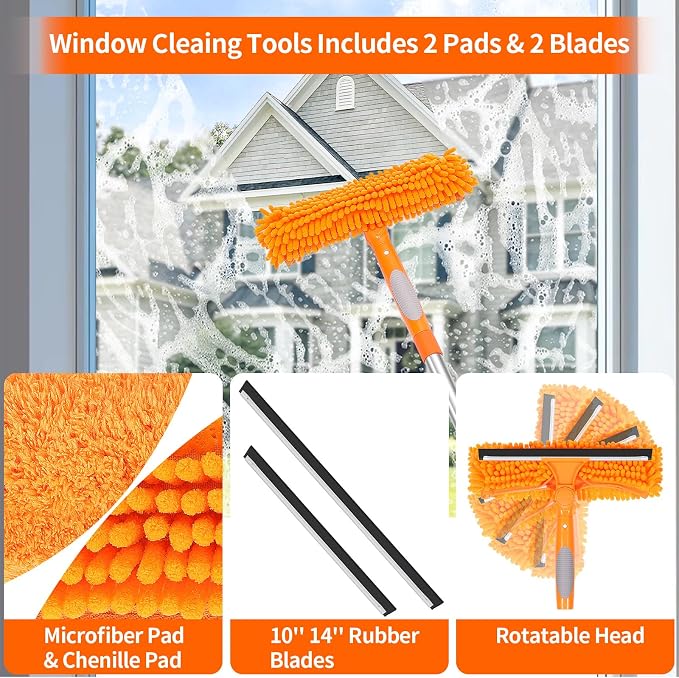 109" Window Cleaning Squeegee Kit, Professional 2 in 1 Squeegee Window Cleaner with Extension Pole, Window Washing Kit with 2 Blade 2 Pads for Indoor & Outdoor High Windows Car Glass