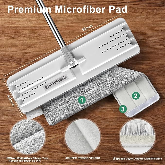 JOYMOOP Flat Mop System, Microfiber Mop for Floor Cleaning, 60" Long Handle with 15" Microfiber Flat Head, White