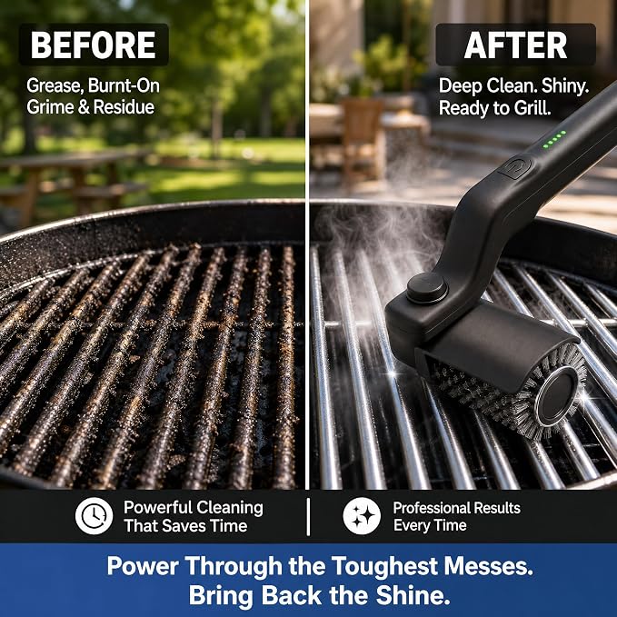 Upgraded Electric Grill Brush, Cordless Rechargeable Grill Cleaning Brush with Adjustable Angle, Stainless Steel Brush Head, 3-Speed Power, 90-Min Runtime, Waterproof Cleaner for BBQ Grates (Black)