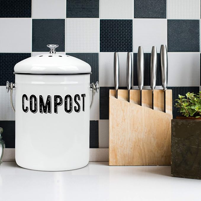 Granrosi Compost Bin Kitchen Counter, 1.3 Gallon, 3 Charcoal Filters | Countertop Composter Pail with Lid, Stainless Steel Counter Top Bin, Rust-Free Farmhouse Indoor Compost Bucket, White Oval