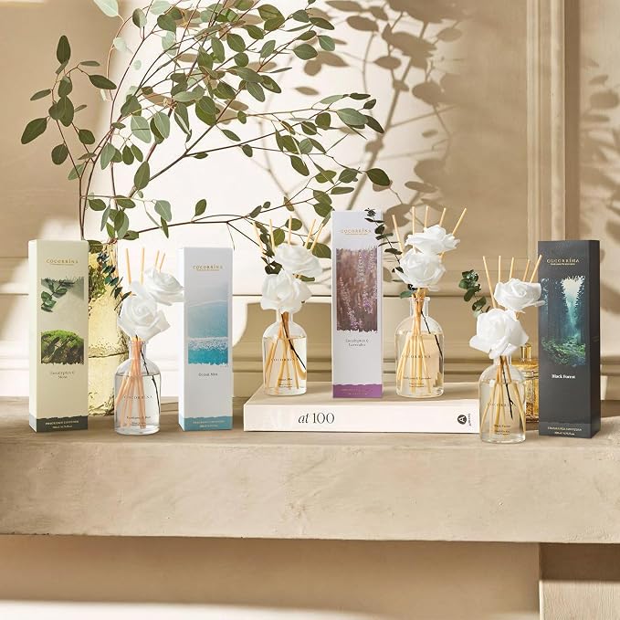 Reed Diffuser Black Forest 6.76 fl oz Home Bathroom Fragrance | 6 Reed Sticks, Real Eucalyptus & Artificial Rose, Essential Oil for Bedroom Shelf Décor, Scent Diffuser