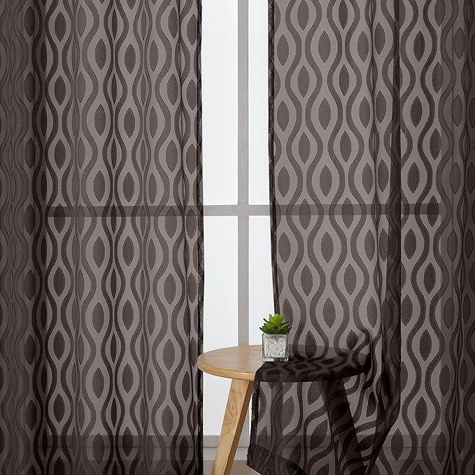Aiyufeng Sheer Brown Curtains 45 Inch Length 2 Panels Set, Farmhouse Clip Jacquard Textured Short Sheer Curtains, Lightweight Chic Wavy Line Window Curtain Panels for Bedroom, 40" Wx45 L Inches