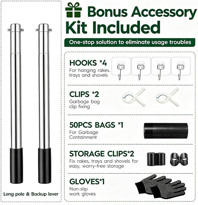 Long Handle Dog Pooper Scooper with Extension & Spare Poles, Stainless Steel Rustproof for Large Medium Dogs Yard Lawn | Ergonomic height adjustment, Four optional configurations, fits various grounds, easy to clean, free gloves & hook