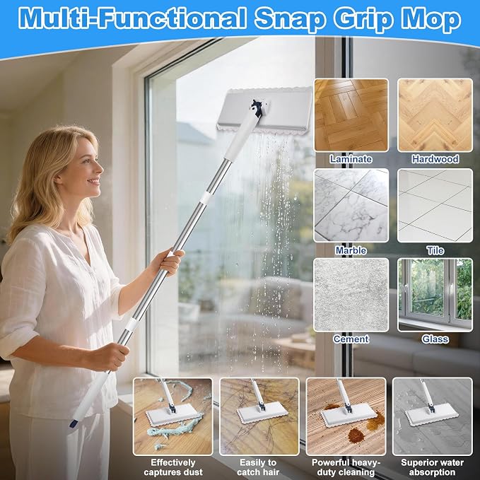 Snap Grip Mini Mop with 6 Washable Pads, Zero-Touch Flat Floor Mop for Wall | Lazy Dry Wet Mops with 47" Handle, Dust Mop Household Items for Floor Cleaning Window Ceiling Home Kitchen Bathroom