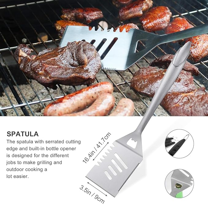 grilljoy 8PCS BBQ Grill Tools Set with Extra Thick Stainless Steel Spatula, Fork, Tongs & Cleaning Brush - Complete Barbecue Accessories Kit with Portable Bag - Perfect Grill Gifts for Father's Day