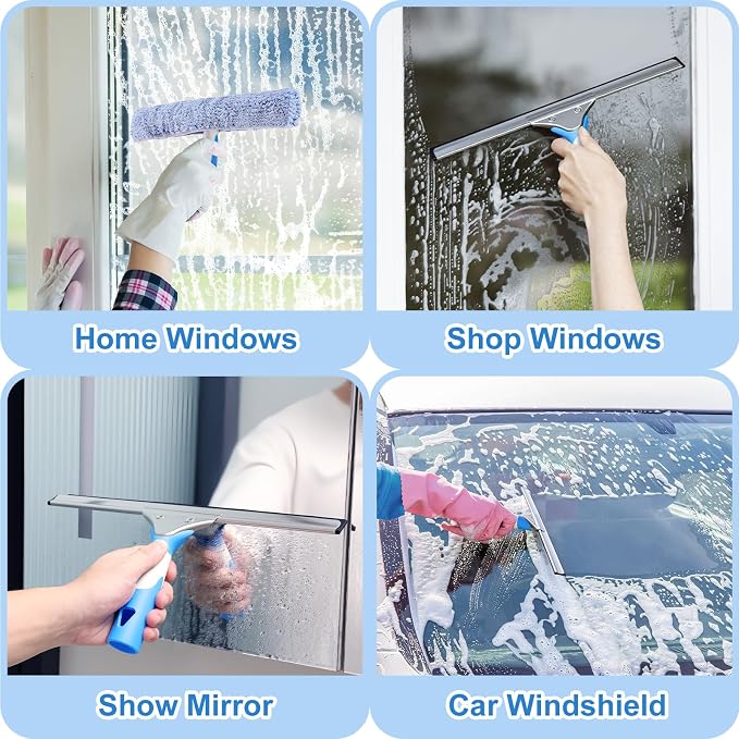 Window Cleaning Kit with Bucket 3 Gallon for Home Outdoor Car | Professional Window Washing Equipment, 14'' Silicone Squeegee, 14'' Microfiber Scrubber, Cloth, Commercial Use