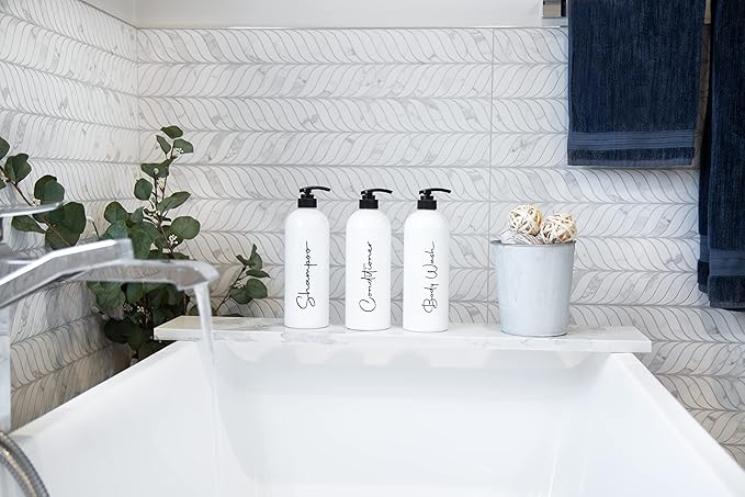 Alora 16oz Refillable Shampoo and Conditioner Dispenser Bottles - Set of 3 - Pump Bottle Dispenser for Shampoo, Conditioner, Body Wash - Empty Plastic Refillable Containers for Shower, Matte White