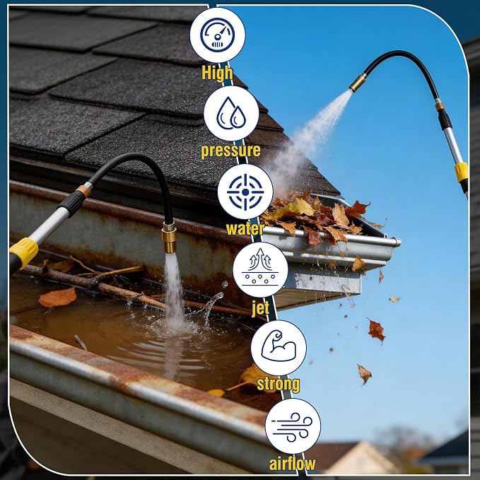 20FT Reach Gutter Cleaning Tools from Ground,Rain Gutter Cleaning Tool from Ground with Bendable Nozzle, Suitable for 2-Story Residential Buildings, Roof Maintenance, and Dirt Removal