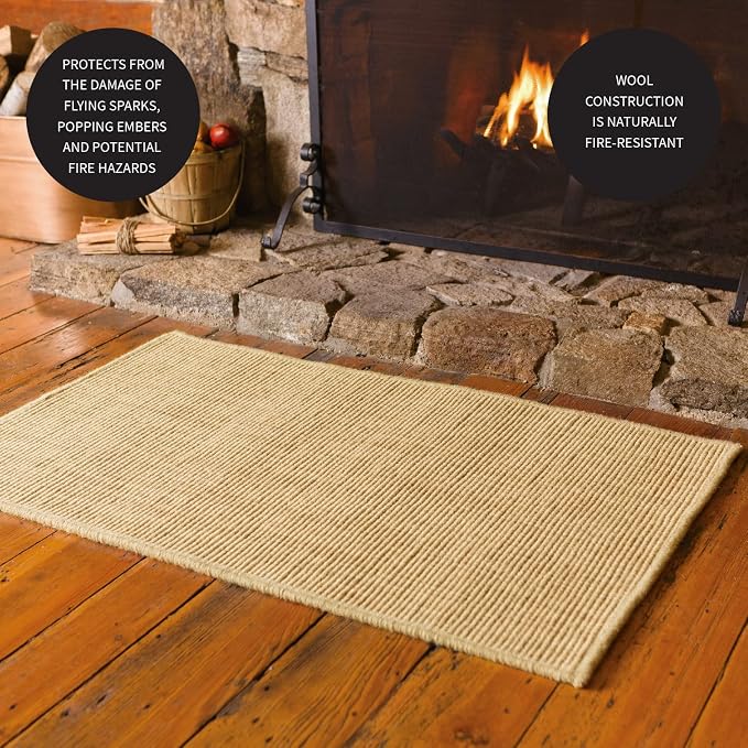 Plow & Hearth Dalton 2x3'6" Fireproof Hearth Rug | Ecru Herringbone | Wool Blend Fireplace Mat | Hearth Rugs for Fireplaces Fire Resistant | Protect Hardwood Floor and Carpet from Sparks and Embers
