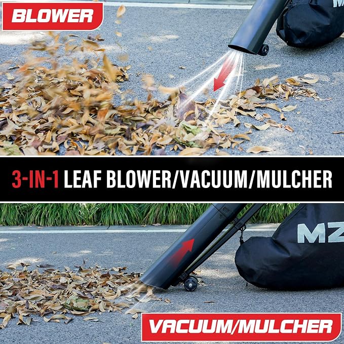 MZK 3-in-1 Electric Leaf Blower Vacuum Mulcher, Corded | Blows, vacuums, and mulches leaves with 460 CFM airflow and 40L bag for gardens, yards, and walkways.