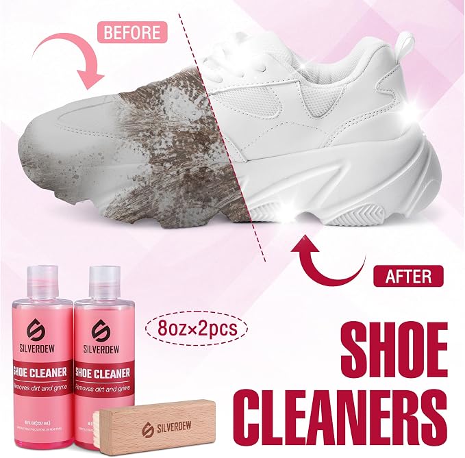 4PCS Shoe Cleaning Kit, Pink | 16oz Sneaker Cleaner, Nylon Brushes, Microfiber Towel, For Leather, Canvas, Mesh, Rubber & Synthetic Materials
