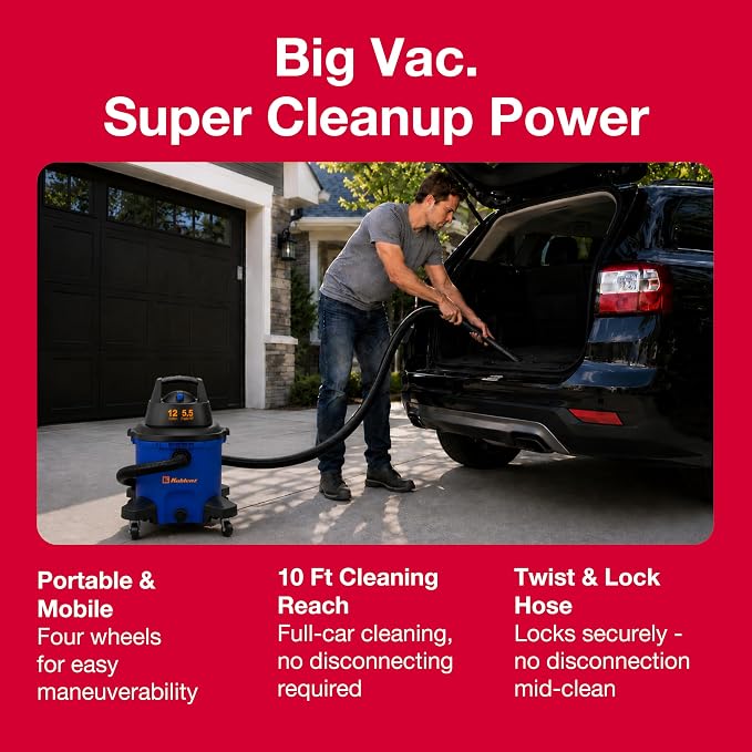 Koblenz WD-12 L4 Wet Dry Vacuum Cleaner, 12 Gallon 5.5 PHP | 3-in-1 Suction & Blower, 32 ft Reach, Large Vacuum Cleaner for Car, Shop Vacuum Wet and Dry, CLICK-N-LOCK Hose, Blue/Black