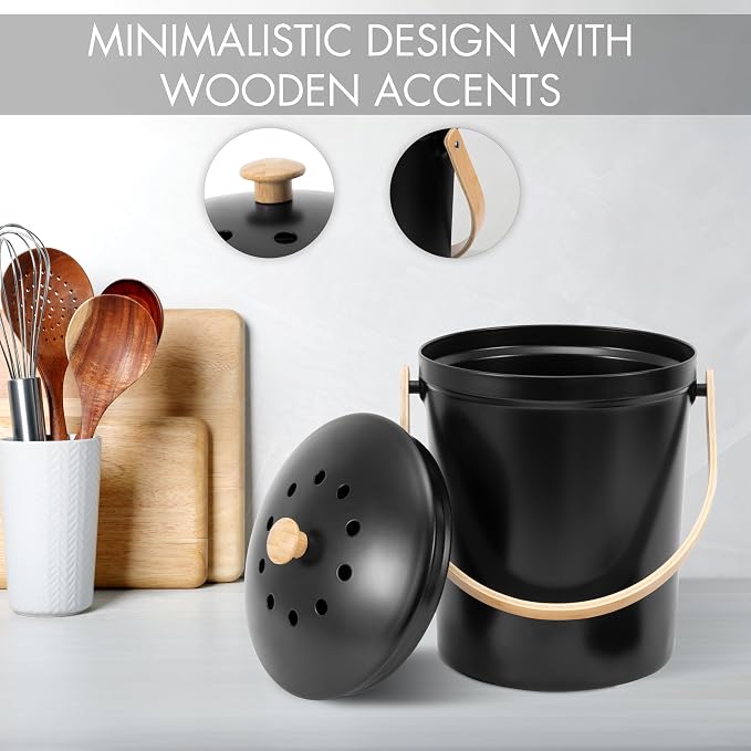 Beautiful Kitchen Compost Bin with Smell Proof Lid - Rust Proof and Odorless Compost Bucket for Your Countertop with No Smell Filters - Easy to Clean 1.1 Gallon Bin Looks Great On Any Kitchen Counter