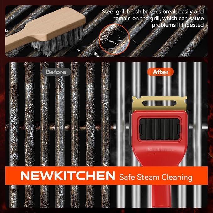 Grill Brush for Outdoor Bristle-Free Steam Cleaning, BBQ Brush Replaceable Kevlar Head with Grill Scraper, Safe Long Handle Barbecue Grill Cleaner