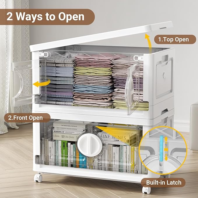 BROVIEW 480Qt Lockable Stackable Storage Bins with Lids, Closet Organizers and Storage Drawer, Collapsible Storage Bin with Wheels, Plastic Cabinet for Toy Clothes Dorm Organizer, V9 4 Pack White