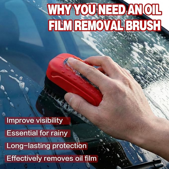 Oil Film Cleaning Brush for Car Windows, 2026 Upgraded Clear Vision Windshield Cleaner with Anti-Rain Coating, Improving Clarity & Safer Driving, Kit with Supplements & Towel, 2 pcs(Red)