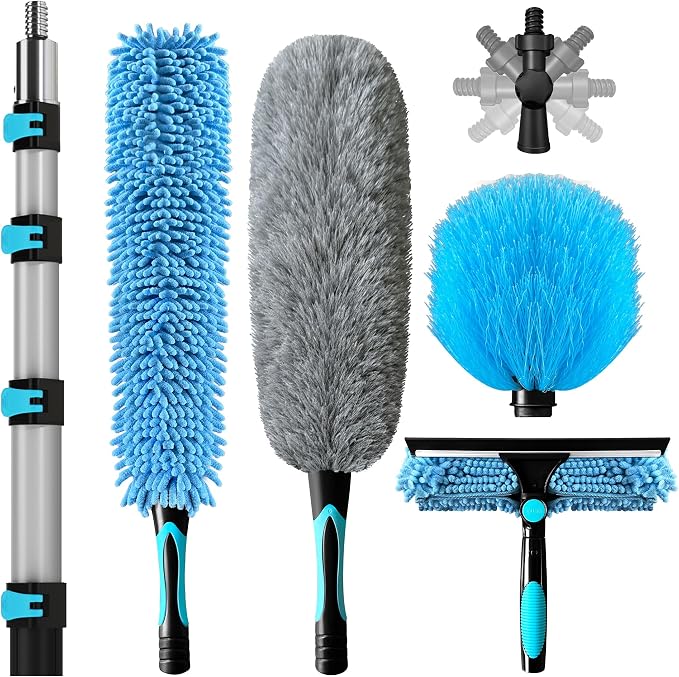 COVERONICS 20FT High Duster Cleaning Tools with 3-12FT Extension Poles | Reusable Fan Duster Cleaning Kits with Ceiling Fan Cleaner Duster, Window Squeegee, Microfiber Feather Duster & Cobweb Duster