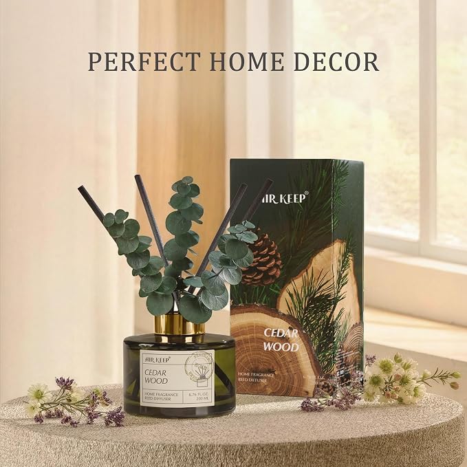 Reed Diffuser Set with 6.76 fl oz Cedar Wood Scent Essential Oils and 3 Leaves & 8 Diffuser Sticks,Bathroom Shelf Decor & Air Freshener, House Bedroom Office Decor & Gifts