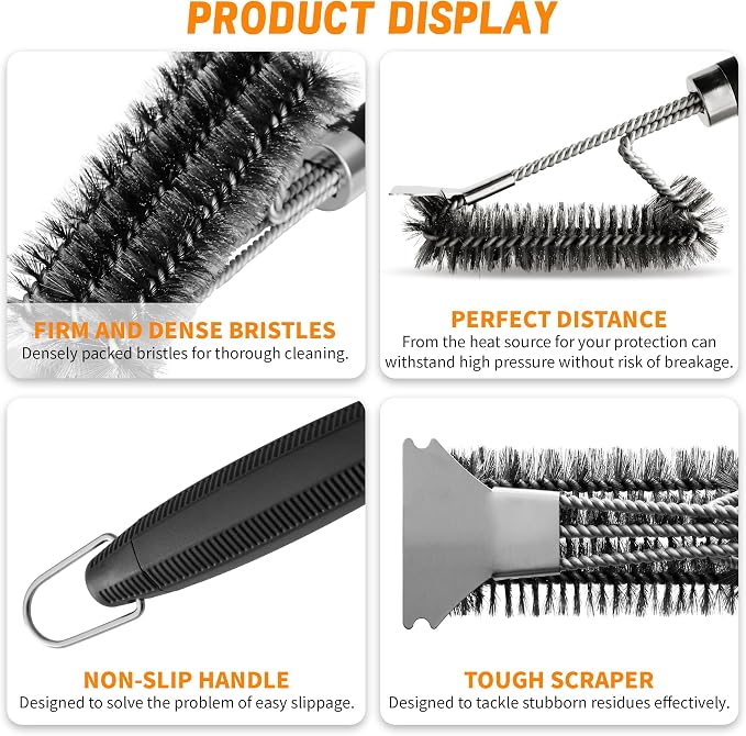 18'' BBQ Grill Cleaning Brush Scraper, 3 in 1 Barbecue Woven Wire Brush for Grill, Stainless Grill Grate Cleaner, for Weber Gas, Charcoal, Electrical, Infrared