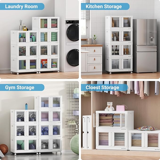 BROVIEW 300 Qt Stackable Storage Bins with Lids & Doors, 3 Pack Plastic Closet Organizer and Storages Drawers with Wheels, Large Collapsible Storage Boxes, Cabinet for Home, Office, V10, White
