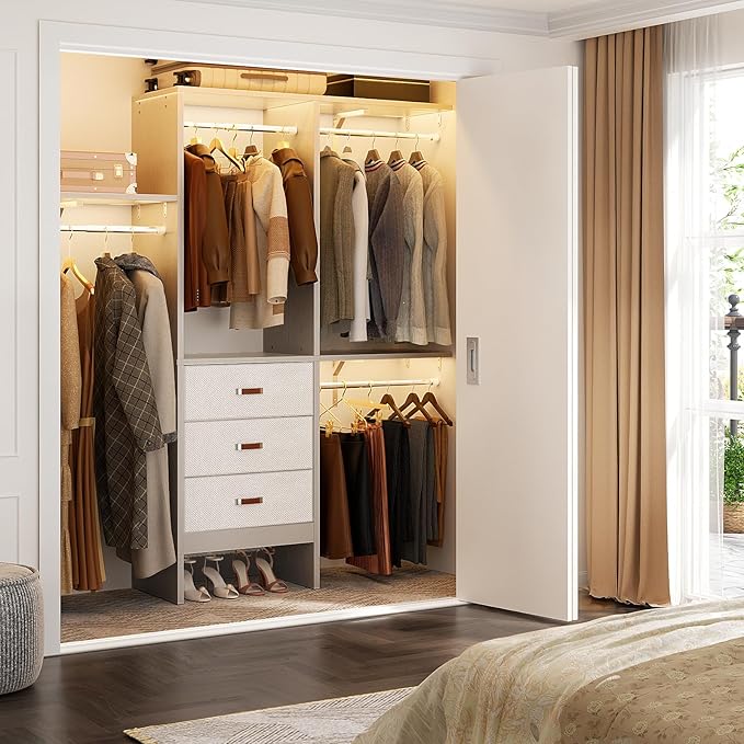 Armocity 5FT Small Closet System with 3 Fabric Drawers, 60 Inches Walk In Closet Organizer System With 3 Adjustable Shelves, Heavy Duty Clothes Rack Built-In Garment Rack, 59" L x 16" W x 71" H, Grey