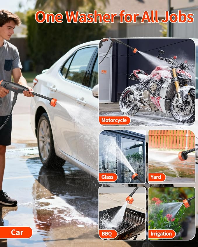 Cordless Portable Washer, 1100 PSI Battery Operated Washer with All-Copper Motor, Battery, 23FT Hose, Storage Bag; Handheld Washer; Lightweight Car Washer for Home, Garden (Resilient Orange)