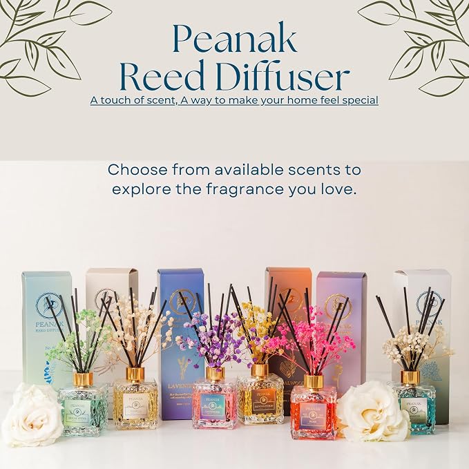 Reed Diffuser Set - Sandalwood Orange Oil, Oil Diffuser Sticks, Bathroom Diffuser, Bathroom Decor, 200ml with Preserved Flowers - PEANÄK