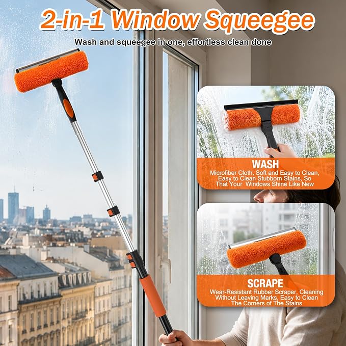 SISUPASSIE 26FT Reach High Ceiling Duster Kit, Window Cleaning kit with 5-20FT Extension Pole, Fan Duster for Ceiling Fan Blades, Microfiber Feather Duster, Rotatable Window Squeegee and Cobweb Duster