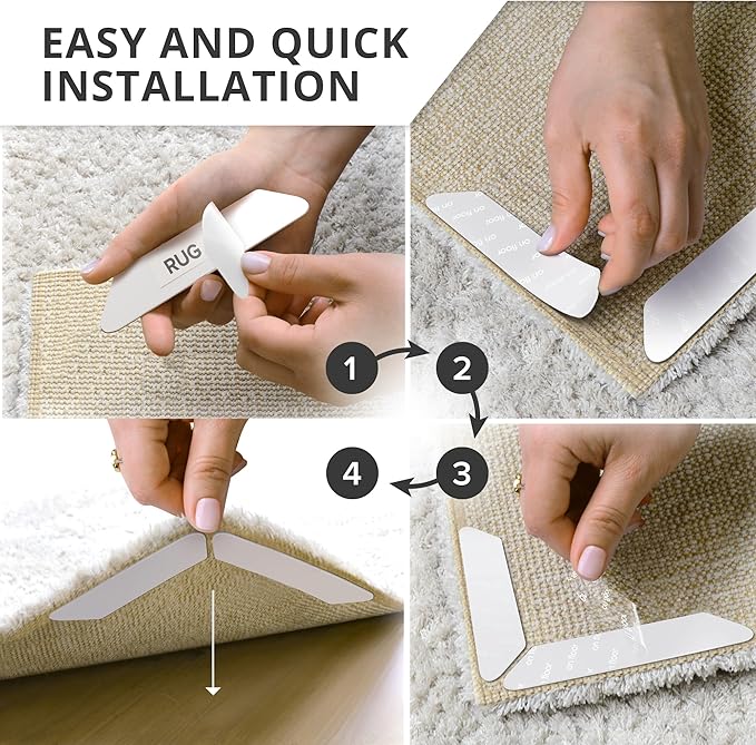 X-Protector Rug Tape - 16 Pcs Set - White Anti-Slip & Anti-Curling Carpet Tape for Hard Floors - Premium Rug Pad Gripper - Ideal Carpet Corner Grippers to Keep Your Carpet in Place & Make Corners Flat