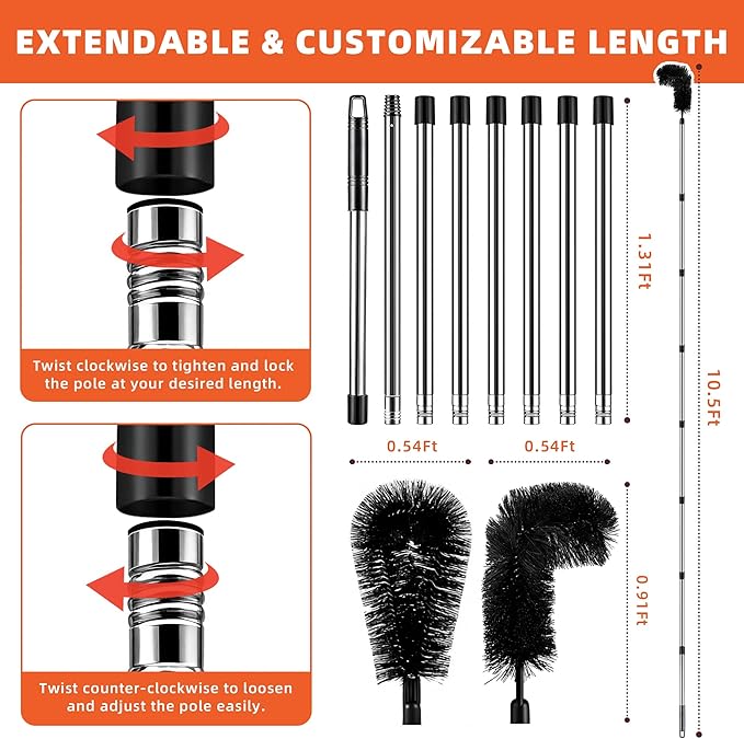 10.5 FT Gutter Cleaning Tools from The Ground with 2Pcs Nylon Brush Stainless Steel Telescopic Pole Adjustable Gutter Cleaner Tools No Ladder Needed for Easy Remove Branches Leaves