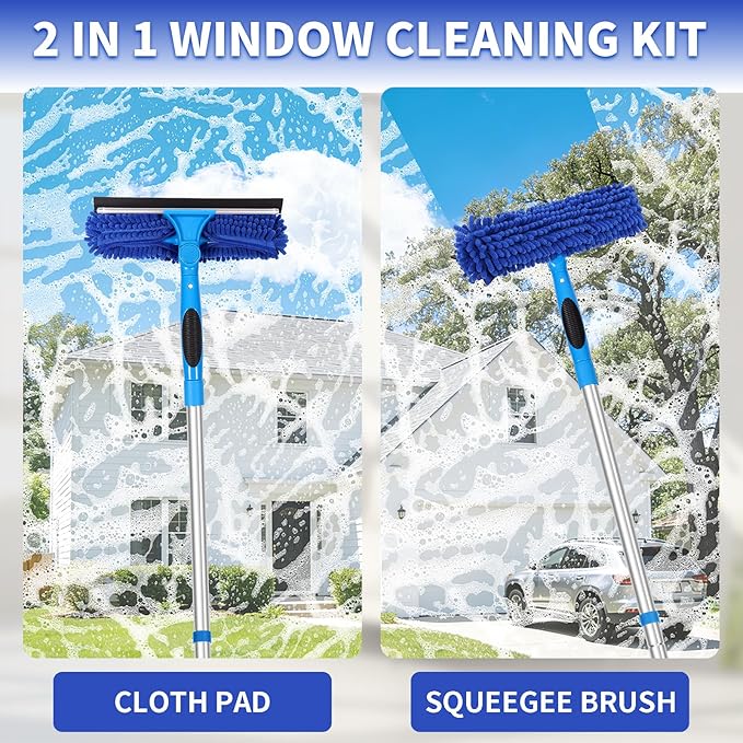 67" Squeegee Window Cleaner, 2 in 1 Professional Window Cleaning Tool Kit with Extension Pole, Window Washing Equipment with Rotatable Head for Indoor Outdoor Windows Car Glass