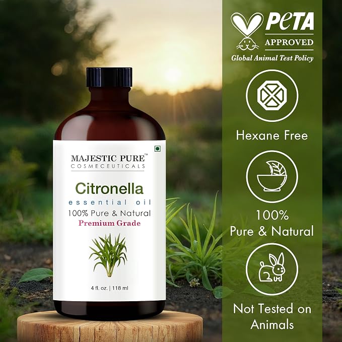 Majestic Pure Citronella Essential Oil for Diffuser - 4 Fl Oz | 100% Pure & Natural Essentials Oils for aromatherapy, massage blends and DIY home fragrance projects, Massage and room sprays