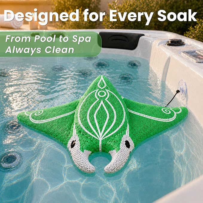 Swimming Pool & Swim Spa Scum Absorber - Green Oil Absorbing Stingray, Reusable Floating Sponge, 65% Recycled Materials, Machine Washable, Inground & Above Ground Pools