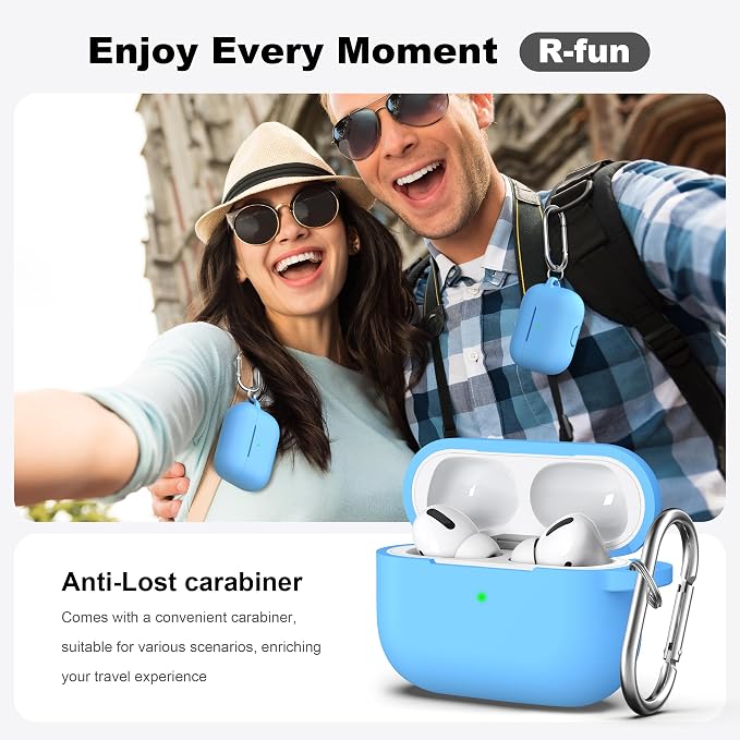 R-fun for AirPods Pro 2 Case, Soft Silicone Protective Cover with Keychain and Cleaning Pen, Compatible with AirPods Pro 2nd/1st Generation, Supports Wireless Charging, Light Blue