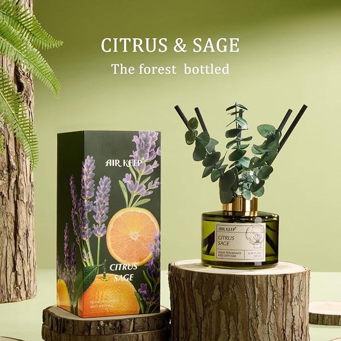 Reed Diffuser Set with 6.76 fl oz Citrus&Sage Scent Essential Oils and 3 Leaves & 8 Diffuser Sticks,Bathroom Shelf Decor & Air Freshener, House Bedroom Office Decor & Gifts