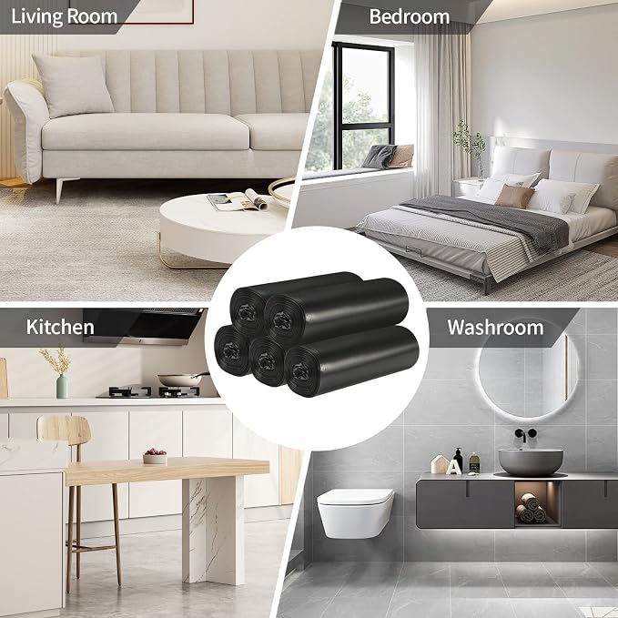 5 Rolls Small Trash Garbage Bags, 4 Gallon 200 Counts (Black) | Strong Thin Material Disposable Kitchen Garbage Bags, Durable Plastic Trash Bags for Office Home Bedroom Garden Waste Bin