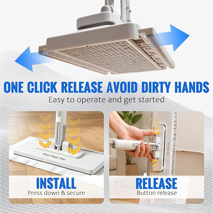 2026 Hands Free Flat Mop, 48.4 '' Snap Grip Mop with 11 Reusable Cloths, Zero Touch Dirty Cloth Release, Click Shark Tooth Mops to Use with Any Cloths, Dry and Wet Use for Whole House Cleaning