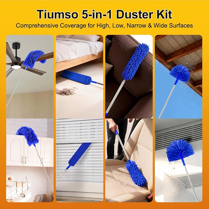 Tiumso Dusters for Cleaning,Microfiber Feather Duster 5-in-1 Kit, Duster with Extension Pole 100 Inches, Cobweb Duster, Microfiber Dusters for High Ceilings and Fans, Blinds and Cars