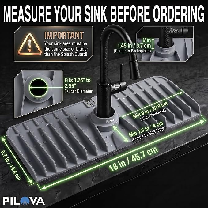 Premium Kitchen Sink Splash Guard – 18" x 5.7" Silicone Faucet Mat with Secure Pressure Clip, True 10° 3D Drainage(No Pooling), Anti-Lift Design, Flexible Leak-Sealing Ring, Non-Slip Fit Behind Faucet