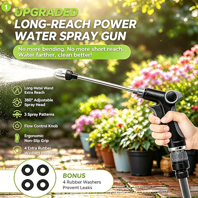 High Pressure Hose Nozzle, High Pressure Water Gun with 360 ° Rotating Spray, Multi Function Pressure Washer Nozzle, 3/4 Inch Connector with 4 Sealing Rings for Yard, Car and Pet Cleaning