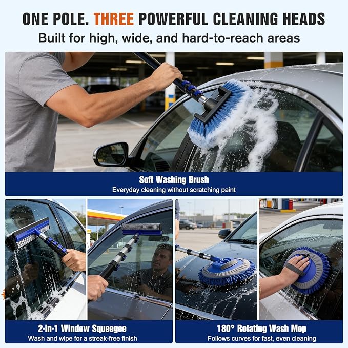 20FT Car Wash Brush with Long Handle - Car Cleaning Kit with 8 Attachments, 180° Rotating Mop, Foldable Bucket, Scratch-Free Soft & Hard Brushes for Cars, Trucks, SUV, RV, Home Windows & Siding
