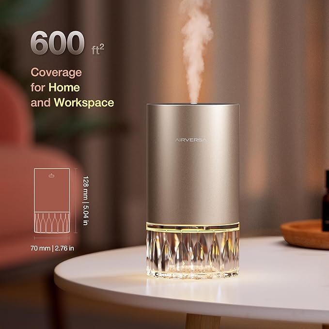Airversa RD1 Waterless Diffuser for Essential Oil for Home, Room, Titanium | Up to 600 sq ft, Battery Operated, 100mL Capacity, Multi-mode Ambient Light, Mist Level and Timer Settings, Cold Air