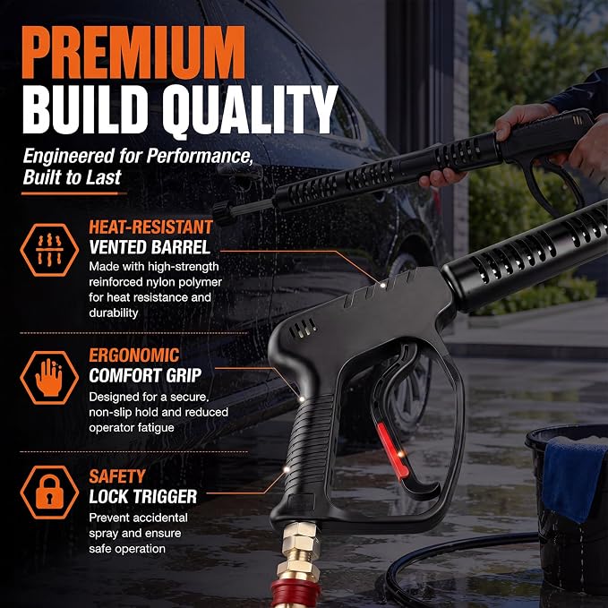 Duraaamo 5000 Psi Hot Water Pressure Washer Gun (up to 300°f) with Vented Lance, 15 Gpm High Pressure Spray Gun, 3/8" Inlet, M22 Outlet, Stainless Steel Lance for Industrial Cleaning