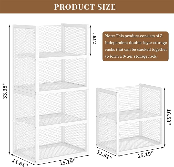 DAOUTIME 6-Tier Stackable Closet Organizers and Storage Basket, Wire Closet Shelf Organizer, Sweater Storage Oragnizer Bins, Multifunctional Clothes Storage Drawer Organizer for Wardrobe, White