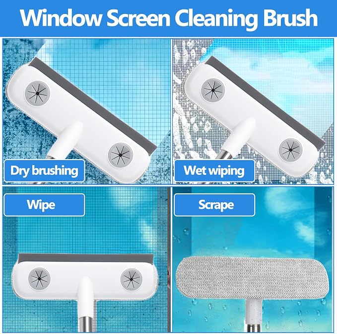 Window Screen Cleaner & Track Cleaning Kit Tool,7 Pcs | Mesh Screen Cleaner Brush with Extension Pole,Window Sill Cleaner Tools Washing Equipment,28″Detachable Long-Reach Handle